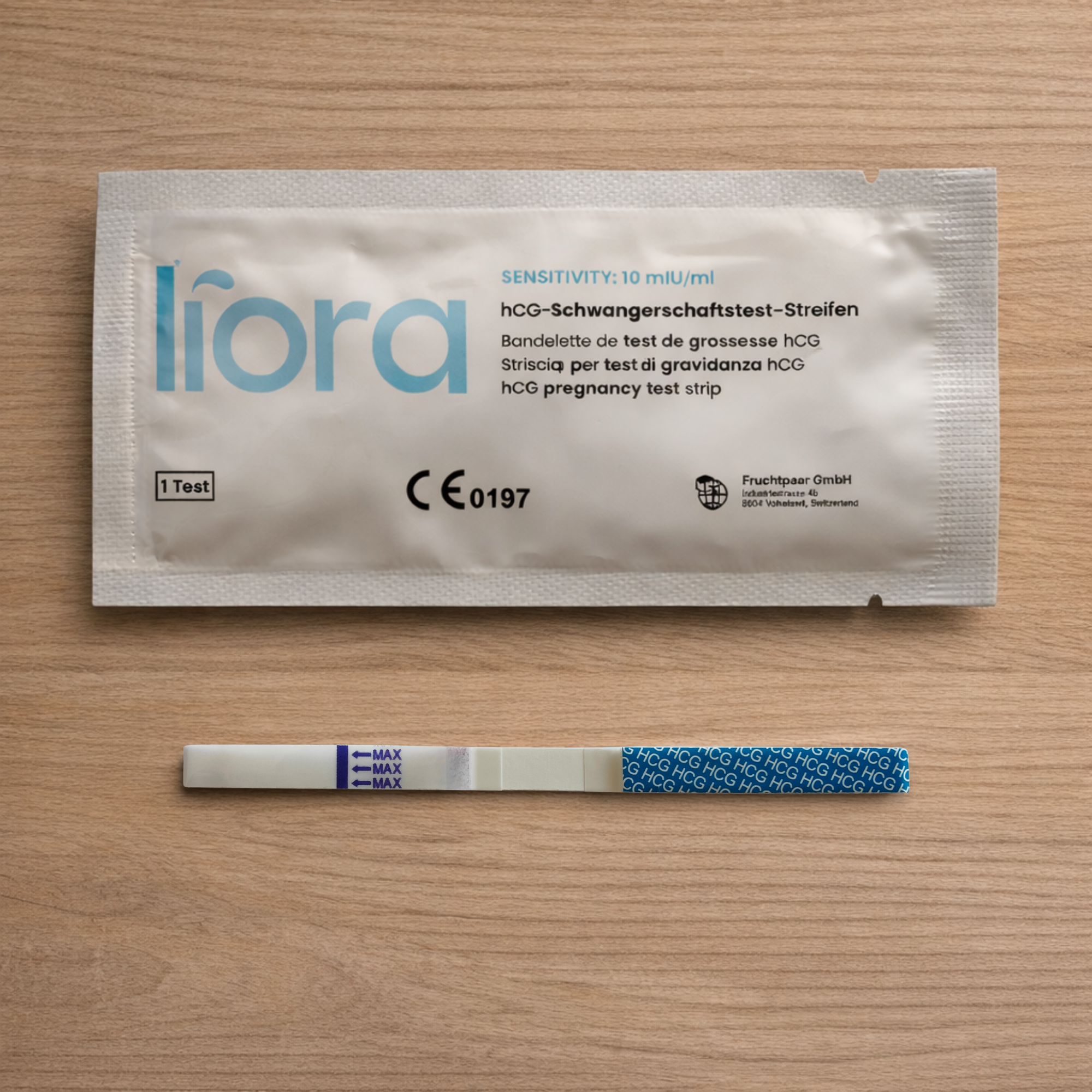 Liora hCG-Schwangerschaftsteststreifen mit Verpackung