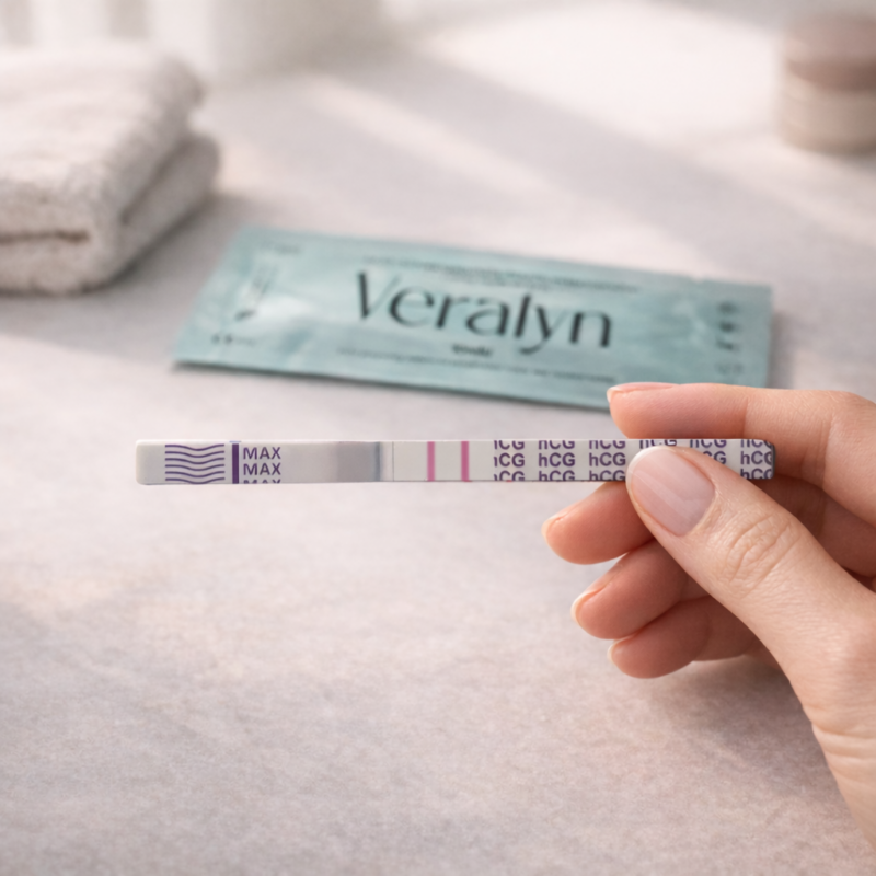 Hand hält Schwangerschaftstest Teststreifen von Veralyn